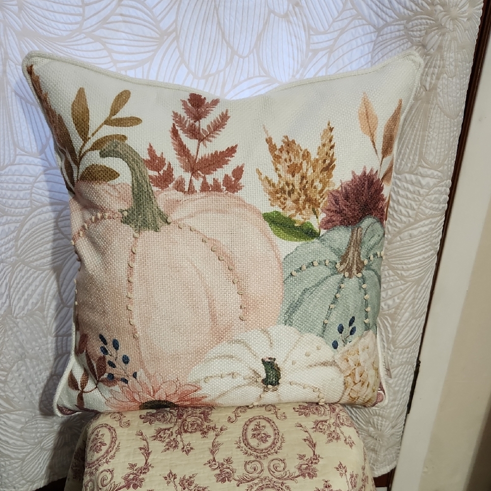 Accent Pillow with Floral Pumpkins Boho Cottage Grandma Farmhouse
